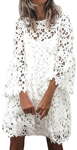 Robe Dentelle Femme Mariage Manches 3/4 Boho Villégiature Imprimée Empiècements Col Casual Plage Courte Évasée Swing