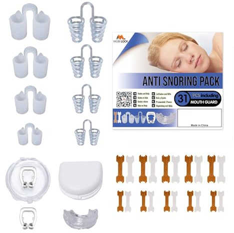 Anti-Snoring Device for Different Types of Snorers - (Pack of 31) - Comes with Nose Vents, Nose Clips and Nasal Strips - Includes A Mouthguard - A Snore Stopper Solution for Men & Women - by Mobi Lock