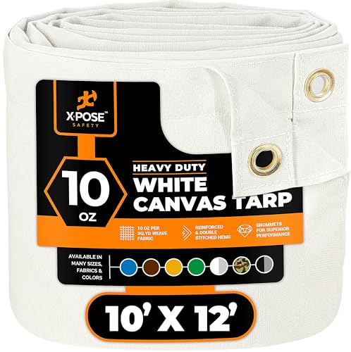 Xpose Safety Canvas Tarp - 10oz White Canvas Tarps Heavy Duty Water Resistant with Brass Grommets- Multipurpose Outdoor Tarpaulin for Camping, Canopy, Trailer, Equipment Cover 10' x 12'