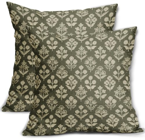 Olive Green Floral Block Print Pillow Covers 18x18 Inch Set of 2, Vintage Flower Pattern Decorative Throw Pillowcases Outdoor Farmhouse Cushion Covers Spring Summer Rustic Sofa Couch Bed Decor
