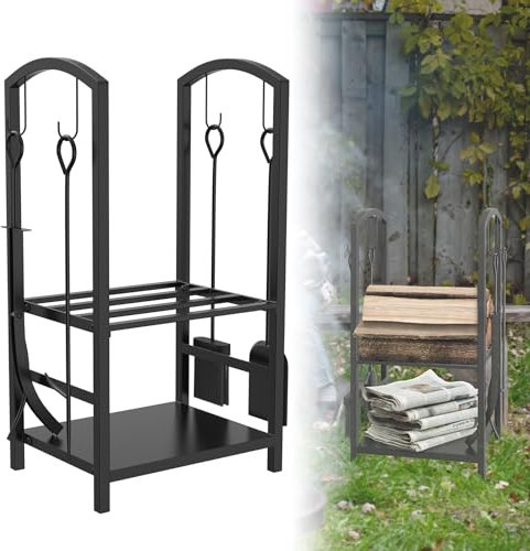 UISEBRT Juego de 5 estantes de metal para leña con 4 herramientas para chimenea, 40 x 38 x 75 cm, para interior y exterior