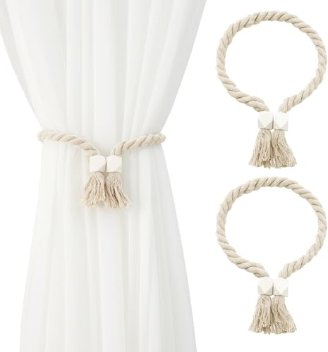 Venprodium 2 Pièces Embrasse pour Rideaux, Attache Rideau Aimantée, Coton Tissé à la Main, Embrasses à Rideaux Magnétiques en Bohème, pour Décoration de Maison, Salon, Chambre, Bureau (Beige)