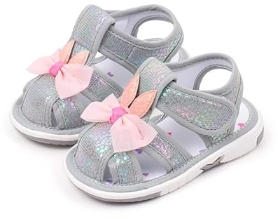 Baby Girls Squeaky Sandals Infant Premium Rubber Sole Closed-Toe Non-Slip Shoes Toddler Girl Soft First Walkers Shoes (Grey, Toddler, 7.5, Numeric, US Footwear Size System, Wide)