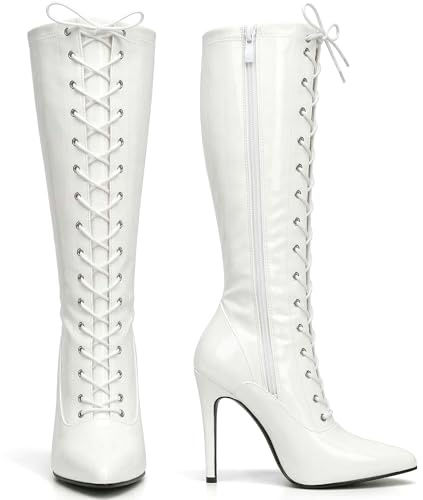 Golden Beads Women ladies boots Knee high Stiletto heel front lace-up with side zip pointed toe, ladies faux leather boots