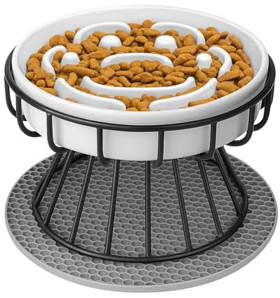 Otauoaea Comedero Gato Elevado Antivoracidad Lenta, Cuenco Alimentación Lenta de Cerámica para Gatos con Soporte y Alfombrilla Antideslizante, Plato Lento Comida Alto Antivómitos para Gatos, Cachorros