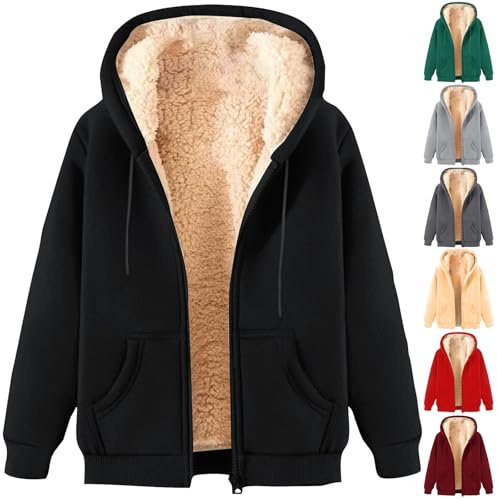 CSKJ Winterjacke Damen Warme Teddyjacke Casual Einfarbige Fleecejacke Langarm Reißverschluss Kapuzenjacke Elegant Winter Plüschjacke Teenager Mädchen Hoodie