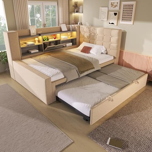 Oxtao Letto imbottito con illuminazione a LED, 90 x 200 cm, con letto estraibile 90 x 190 cm, testiera a forma di L con vano portaoggetti, montato su entrambi i lati, rete a doghe, lino (beige-A)