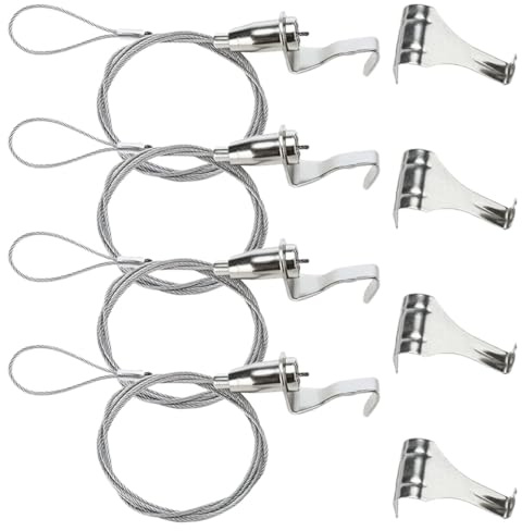 RUNROTOO Juego de 4 Colgadores de Cuadros de Acero Inoxidable Plata, Cuerda Ajustable para Marco de Fotos, Fácil Instalación y Resistente para Oficina y Restaurante