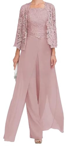shownicer Completo Donna Elegante Tailleur Madre della Sposa Abiti Pantaloni in Chiffon Completi da Cerimonia Festa Set 3 Pezzi Set Taglia Grande Abbigliamento per Matrimoni A Rosa1 48