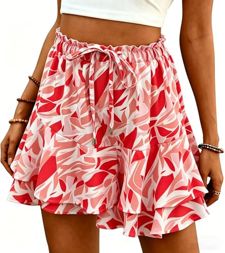 ROFUSSO Short D'étéà Volants Taille Haute pour Femme Short de Plage Fluide et Léger Jupe Courte Décontractée à Taille Élastique et Cordon de Serrage