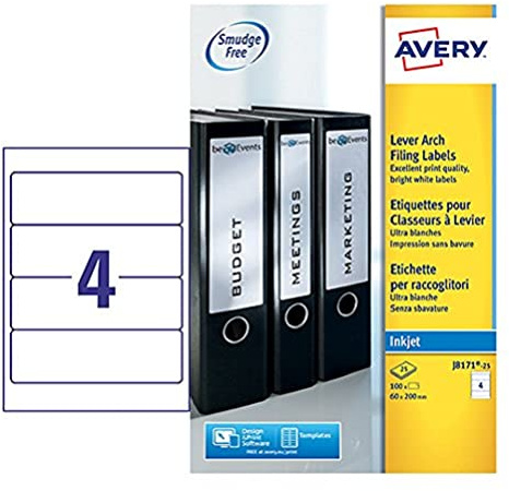 Avery Lever Arch File Labels, Printable & Smudge Free, 200 x 60 mm, Customisable Stickers for Folders, 4 Per A4 Sheet, 100 Pack, Inkjet Compatible (J8171-25)