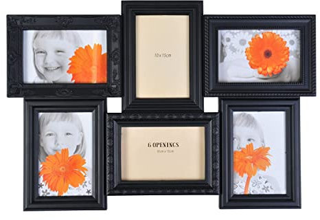 BURI Bilderrahmen Collage antik 53 x 36cm Vintage Bildergalerie schwarz verziert - Fotocollage Bildercollage für 6 Fotos je 10x15cm mehrfach Fotorahmen Multirahmen
