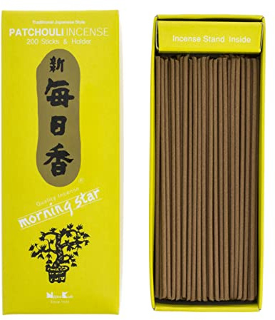 Nippon Kodo Incienso Morning Star Pachuli, Incienso de Estilo Japonés de 200 barritas, Incluye incensario