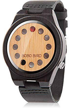BOBO BIRD Men's Bamboo Wooden Watch with Black Cowhide Leather Strap 12 Holes Timer Design Sports Casual Watches