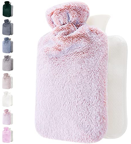 Qomfor Wärmflasche mit Bezug – Weicher Premium Flauschig Bezug – 1,8l groß Wärmeflasche für Erwachsene für Kuschelige Nächte, Schmerzlinderung, Rücken, Bauch, Schulter und Nacken - Rosa