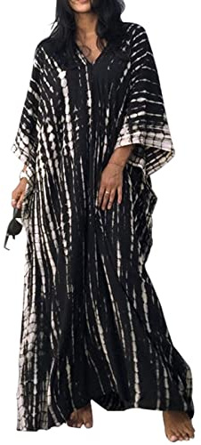 Baynetin Vestido de Playa Mujer,Long Kaftan Bohemian Loungewear para Mujer Pareos y Camisola,V Cuello Maxi Caftanes Kimono Bikini Cover Up (Negro)