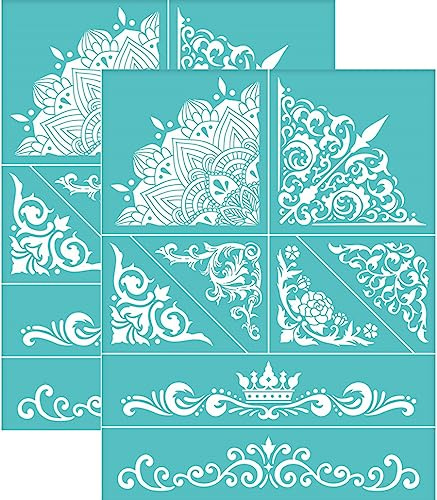 OLYCRAFT 2 Stencil Auto-Adesivo per Serigrafia, Bordo Vintage, Motivo Angolo, Stencil Maglia Lavabile, Decorazione Interna per Fai da Te, Pittura Tessuto T-Shirt – 22x28cm
