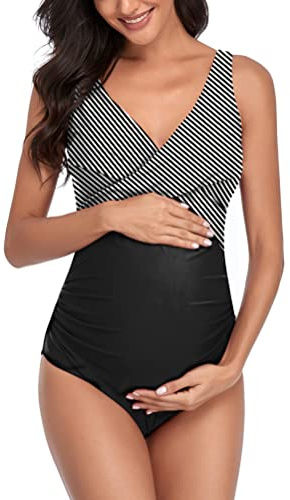 SUMMERSUNSHINE moderskap en del baddräkt fram kors moderskap baddräkt baddräkt moderskap bikini，Svarta Ränder，L