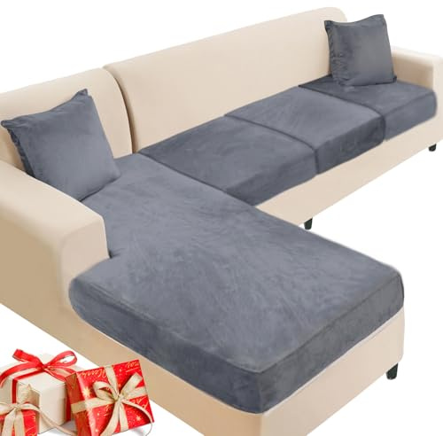 NAISI Sectional Couch Cover 4 Pieces Velvet Separate Couch Cushion Covers L Shape Soft Stretch Sofa Slipcovers with 2pcs Pillowcases for Left/Right Chaise Sectional Couch(3 Seater+1 Chaise,Dark Grey)