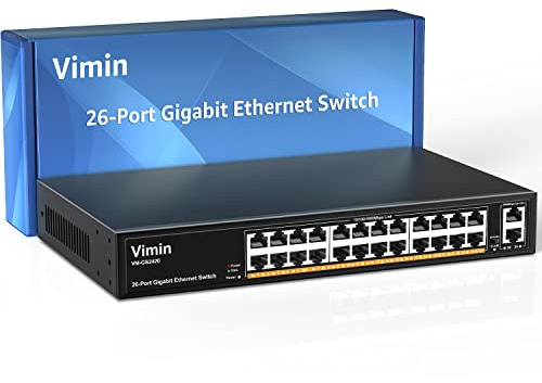 VIMIN 26-Port Gigabit Ethernet Switch mit 2 Uplink-Ports mit 1000 Mbit/s, 24-Port unmanaged Network Switch unterstützt IEEE802.3af/at, VLAN, Metallgehäuse, Desktop, 19 inch Rackmontage
