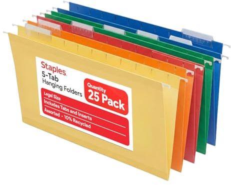 Staples Heavy Duty Hanging File Folders, 5-Tab, Legal Size, Assorted Colors, 25/Box