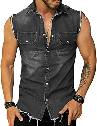 Onsoyours Gilet in Jeans Uomo Giacca Denim Retro Vintage Strappato Gilet di Jeans da Uomo Senza Maniche Giacca Jeans Capispalla Giacca da Moto A Nero L