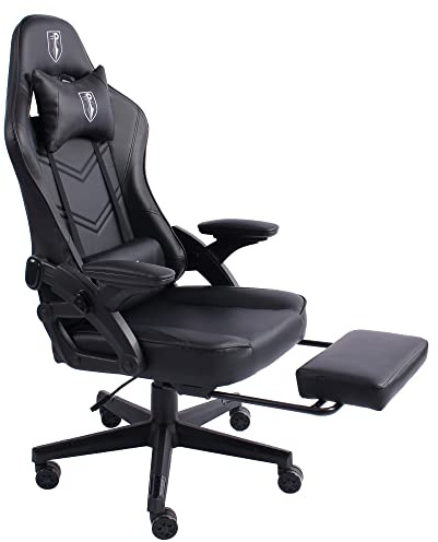 TRISENS Gamingstol i modern racingdesign med utdragbara fotstöd, justerbara armstöd, ergonomisk kontorsstol med extra stödkudde, färg: svart