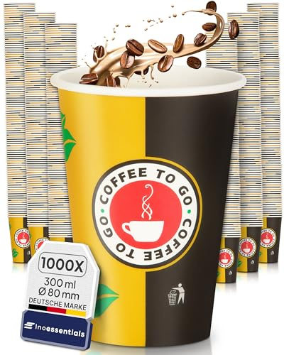 Inoverse 1000 stück Pappbecher, Einweg Coffee to Go Becher - 300ml, Kaffee to go Becher Pappe, 12oz Trinkbecher für Tee, Einwegbecher, Papierbecher, Kaffeebecher to go, Kaffeetassen, Ø 90 mm
