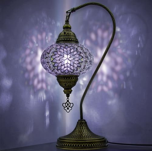 VALVELLO | Lampe Turque | Violet | Marocaine Mosaïque Col de Cygne, Veilleuse, Style Tiffany, Vintage, Lampe de Table en Verre Décorative pour Chambre, Bureau, Cadeau pour Jours/Personnes Spéciaux