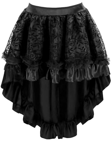 KUOSE Jupe steampunk asymétrique en mousseline de soie et dentelle - Grandes tailles, Noir , XL