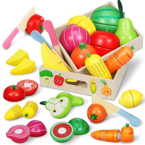 Pourbibi Kinderküche Spielküche Zubehör, Montessori Spielzeug ab 1 2 3 Jahre, Küchenspielzeug Holz für Kinder, Obst Holzspielzeug für Baby Mädchen Jungen Lernspielzeug Rollenspiele Geschenk