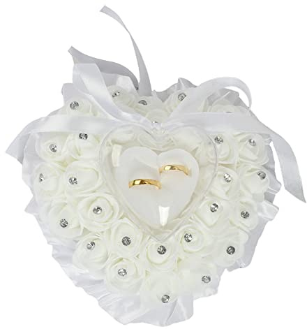 Cuscino Fedi Nuziali,Cuscino per Fedi Nuziali in Nastro, per Anelli con Fiori di Cuore Porta Anelli a Forma di Cuore Scatola per Cuscino Portafedi Bianco con Decorativo Strass Rosa (Bianco)