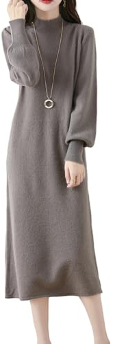 Ailaile 100% lana merino maglione vestito donna collo lupetto lanterna manica pullover autunno inverno lavorato a maglia abito lungo, Grigio pietra., XL