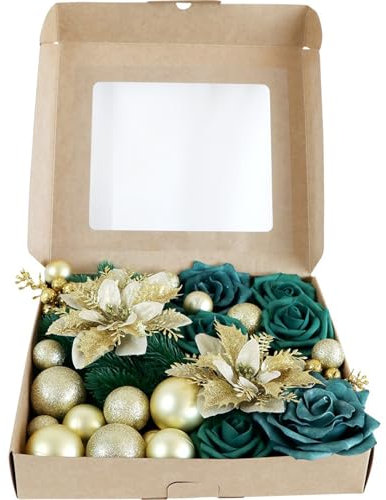 MINGZHE Jul Konstgjorda Blommor Grönska Kombinationsbox Set, Sidenros Falska Blomma för Bröllop Brudbukett, Centerpieces Dekor, Blomsterarrangemang Juldekoration