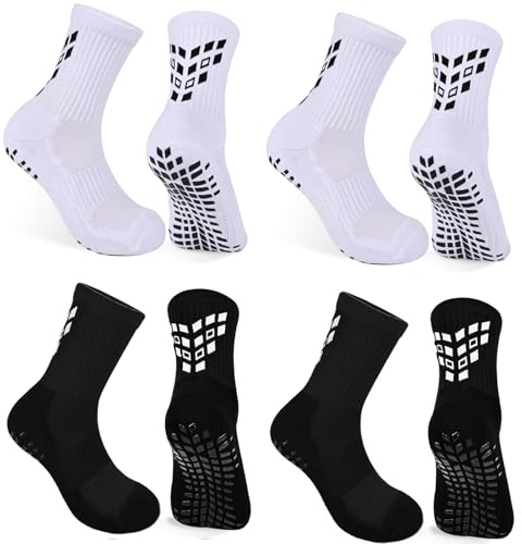Gogogoal Mens Grip Football Socks 8-12 Women Non-slip Yoga Socks Cushioned Breathable Gripy Sports Sock Rugby Soccer Gym Workout Basketball Pilates Black+White L 4 Pair