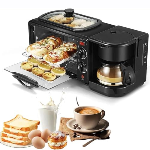 Elektrisk frukostmaskin, 3-i-1 frukoststation med 1,2 liters kokkärl, 9 liter stor bakyta och kaffebryggare, 100-230° temperaturkontroll och 30 min timing, for kök(Black)