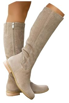 ORANDESIGNE Sommerstiefel Damen Westernstiefel Sommer Stiefeletten Lochmuster Aus Wildleder Cowboystiefel Boho Chic Sonmmer Stiefel A Beige 38 EU
