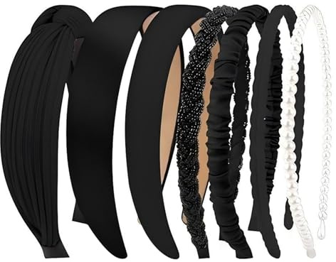 Beaded Non Slip Headbands for Women, 7 Pack Knotted Plastic Hairbands, High Cranial Top Fit, Fashion Elastic Hair Accessories, Perfect for Washing Face Daily Use (Black, One Size)