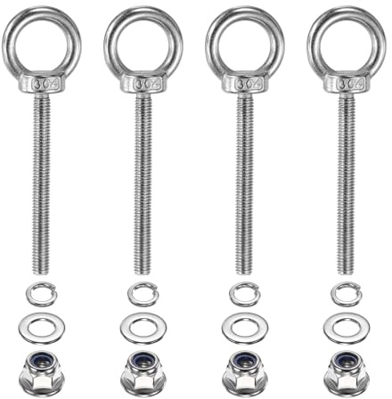 PATIKIL M6 x 60mm Shoulder Eye Bolt, 4 Pcs 304 Stainless Steel Lifting Ring Threaded Eye Bolt with Flange Lock Nuts Spring and Flat Washers for Hanging Tie Down Straps Outdoor Indoor
