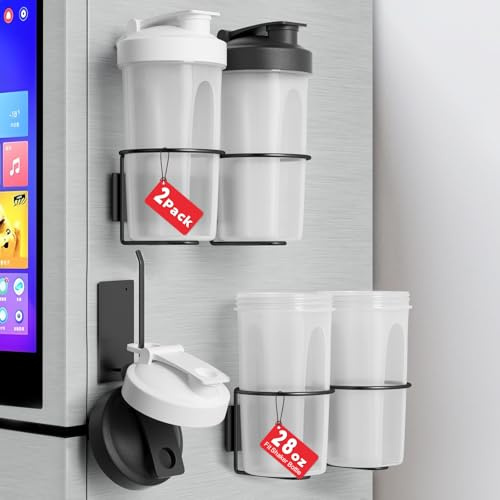 Magnetic Water Bottle Organizer for Fridge, Water Bottle Cup Holder for Shaker Bottle 20-28oz Used on Refrigerator, Shaker Bottle Lid Organizer Kitchen Organization Ideal for Fridge & Wall