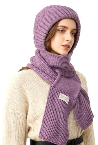 TAGVO Winter Slouch Knit Hat & Scarf Women, Ladies Windproof Elastic Fluffy Snood Hood Beanie Hat with Long Scarf, 2 in 1 Multifunction Soft Fleece Full Face Ski Mask Neck Warmer Balaclava For Women