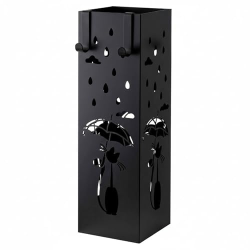 Portaombrelli In Metallo Con Decorazione Gatto Vaschetta Scolapioggia Removibile E 2 Ganci Laterali Base Antiscivolo Stand Quadrato Design Per Ingresso Casa E Ufficio 49 x 15.5 x 15.5 Cm (Nero)