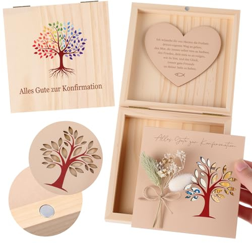 Hestya Regalo de Dinero de Kommunion Konfirmation Firmung para Niñas y Niños, Caja de Recuerdo con Corazón de Madera, Tarjeta de Madera Ahuecada, Flores Secas(Confirmación,Árbol de la Vida)