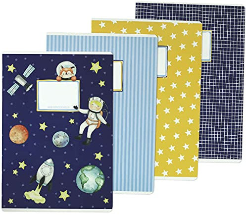Papierdrachen - 4 hochwertige Schulhefte für Kinder DIN A4 | liniert und kariert 32 Seiten - Motiv Astronaut - zur Einschulung für Grundschüler - Set Nummer 5-16 Blatt