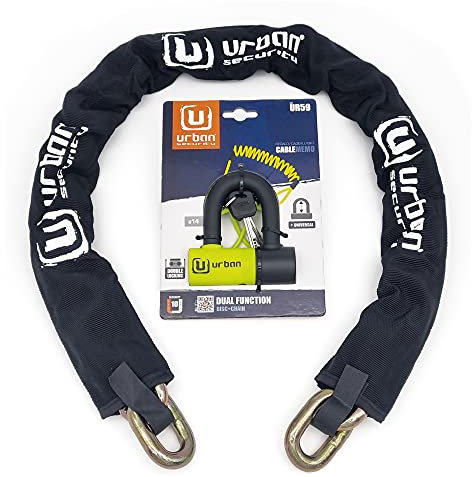 URBAN UR59K150 Antifurto Moto Catena in acciaio temprato da 13,5 mm con solido lucchetto Mini U 14 mm, 150 cm, nero/giallo