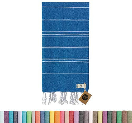 KZY LONDON Großes Türkisches Pestemal Strandtuch Das Traditionéll Hamamtuch Badetuch Saunatuch Duschtuch Spa Sport Yoga Reisen 100% Baumwolle XXL Vorgewaschen 100 x 180 cm (Blau)
