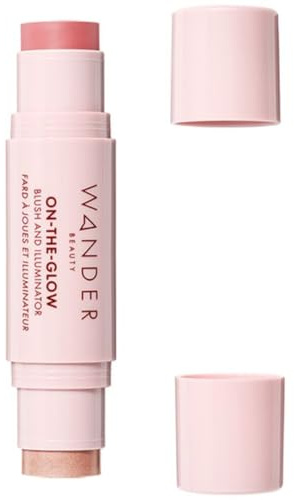 Wander Beauty On-the-Glow Blush and Illuminator - Coral Rose/Nude Glow - 7-in-1 Hydrating Cream Blush & Highlighting Stick - Stick Blush for Cheeks, Lip, & Body - Highlighter Makeup & Blush - 0.4 oz