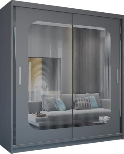 MN Furniture Modern Double Sliding Door Wardrobe 2 Mirrored Hanging Rails & Shelves Storage Cabinet for Bedroom (180cm, Marika Grey)