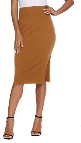 EXCHIC Femme Texturé Tricoté Genou Longueur Crayon Jupe Élastique Tube Jupe Taille Haute De Base Midi Jupe Fente Latérale