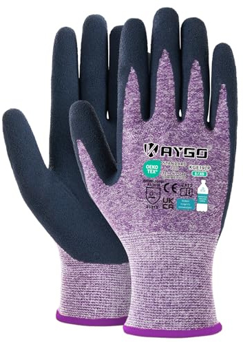 KAYGO 3 par arbetshandskar för kvinnor andas latexbelagda kvinnor trädgårdshandskar av återvunnen polyester, miljövänliga skyddshandskar för trädgårdsarbete (lila, XS, storlek 6)